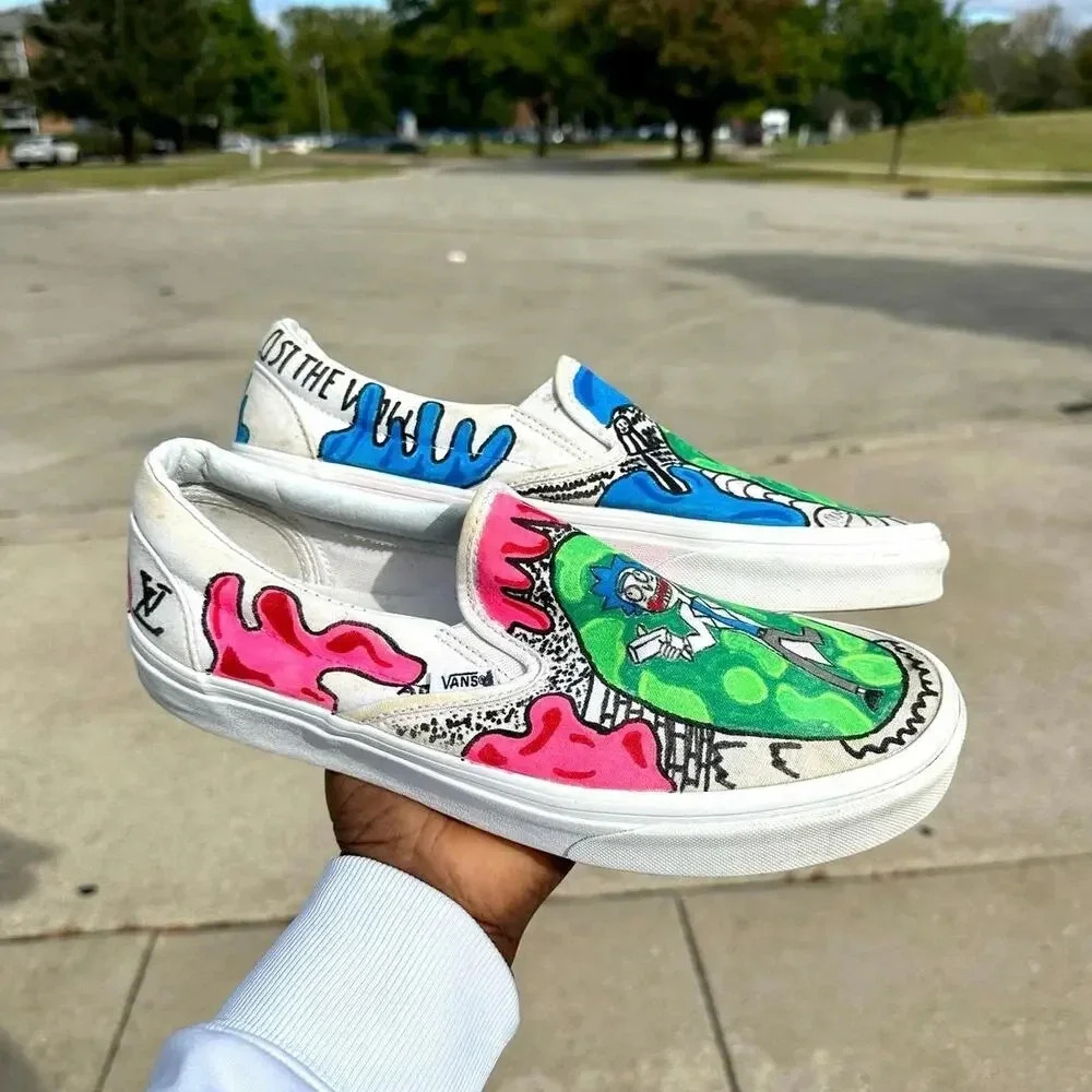 Custom Painted Vans Off The Wall Rick And Morty Slip On Sneakers Women Size‎ 10